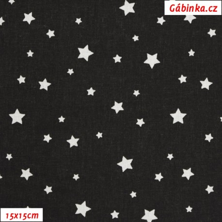 Plátno - Hvězdičky malé různé bílé na černé, 15x15 cm