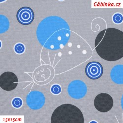 Waterproof Fabric Premium - Cats on Gray with Turquoise Polka Dots, width 155 cm, 10 cm, Certificate 1, 2nd quality