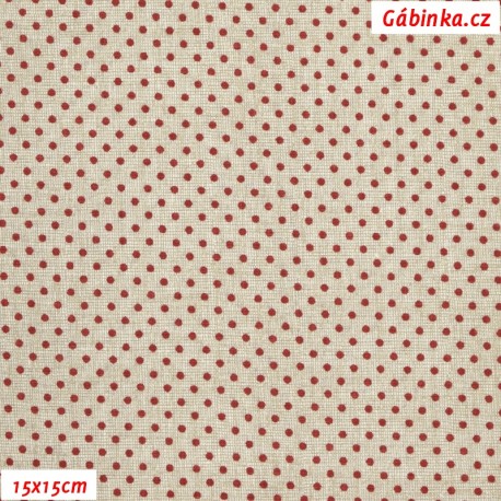 Plátno - Vínové MINI puntíky na režném potisku, 15x15 cm