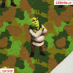 Teplákovina jemně počesaná - Shrek na zelenohnědé, Licence DreamWorks, šíře 145 cm, 10 cm, ATEST 1