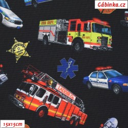 Kočárkovina Premium - Autá hasiči, polícia, záchranka na čiernej, šírka 155 cm, 10 cm, ATEST 1