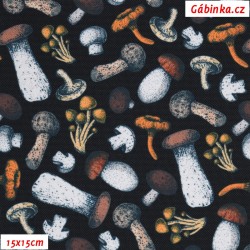 Waterproof Fabric Premium - Mushrooms on Black, 15x15 cm