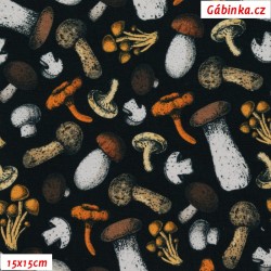 Elastic cotton knit - Mushroom collection on Black, digital print, width 175 cm, 10 cm, Certificate 1