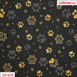 Leatherette DSOFT 202 - Gold and Gray Paws on Black, width 135 cm, 10 cm