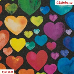 Leatherette DSOFT 203 - Coloured Hearts on Black, width 135 cm, 10 cm