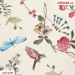 Leatherette DSOFT 214 - Birds and Flowers on Natural White, width 135 cm, 10 cm