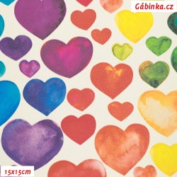 Leatherette DSOFT 215 - Coloured Hearts on Natural White, width 135 cm, 10 cm