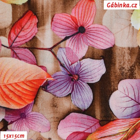 Viskóza tkanina - Pestrobarevné listy na hnědé, 15x15 cm