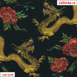 Waterproof Fabric Premium - Golden Dragons with Red Poppies on Black, 15x15 cm