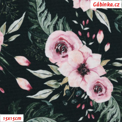 Kočárkovina Premium - Růžové květy na černé, šíře 155 cm, 10 cm, ATEST 1