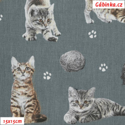 Plátno - Kočičky s klubíčky na šedé, šíře 160 cm, 10 cm