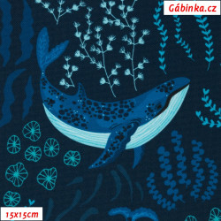 Waterproof Fabric Premium - Whales on Dark Blue, photo 15x15 cm