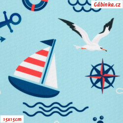 Waterproof Fabric Premium - Sailboats and Crabs on Light Blue, width 155 cm, 10 cm, Certificate 1