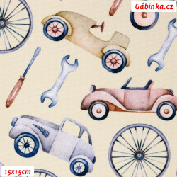 Waterproof Fabric Premium - Toy Cars with Tools on Cream, width 155 cm, 10 cm, Certificate 1