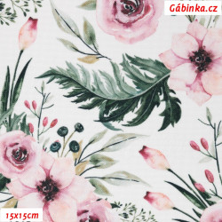 Waterproof Fabric Premium - Pink Flowers on White, width 155 cm, 10 cm, Certificate 1