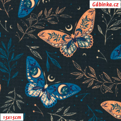 Waterproof Fabric Premium - Orange and Blue Butterflies on Black, width 155 cm, 10 cm, Certificate 1