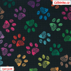 Waterproof Fabric Premium - Colourful Paws on Black, photo 15x15 cm