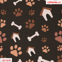 Kočárkovina Premium - Tlapky, kosti a psí boudy na tmavě hnědé, foto 15x15 cm