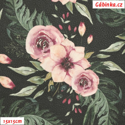 Koženka DSOFT 220 - Růžové květy na černé, 15x15 cm