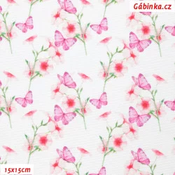 Kočárkovina Premium - Růžová kvítka s motýlky na bílé, šíře 155 cm, 10 cm, ATEST 1