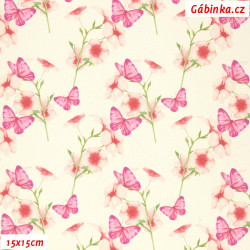 Koženka DSOFT 227 - Růžová kvítka s motýlky na přírodní bílé, 15x15 cm