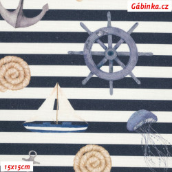 Canvas - Marine Patterns on Blue and White Stripes, digital print, width 135 cm, 10 cm, Certificate 1