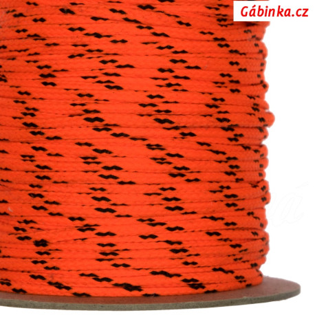 Šňůrka oděvní PES průměr 4 mm - NEON oranžová s černou, 1 m