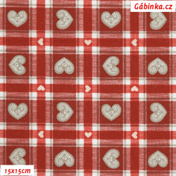 Bavlna plátno STOF - Červená srdce v kostičkách, foto 15x15 cm