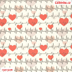 Leatherette DSOFT 232 - Hearts with ECG on Natural White, width 135 cm, 10 cm