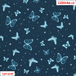 Waterproof Fabric Premium - Blue Butterflies on Dark Blue, width 155 cm, 10 cm, Certificate 1
