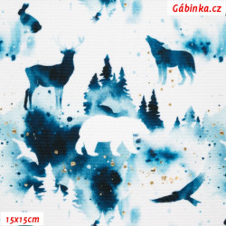 Waterproof Fabric Premium - Wolves, deer and other animals in Blue and White Forest, photo 15x15 cm