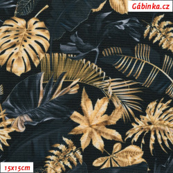 Waterproof Fabric Premium - Golden Leaves on Black, photo 15x15 cm