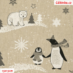 Režné plátno - Lední medvědi s tučňáky, šíře 140 cm, 10 cm