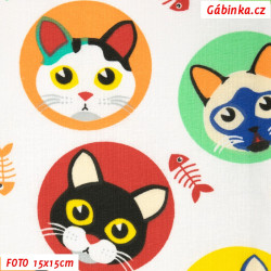 Plátno - Kočičky v kolečkách červených, zelených, žlutých, oranžových na bílé, foto 15x15 cm