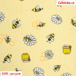 Plátno - Včeličky s medem, plástvemi a květinkami na světle žluté, šíře 140 cm, 10 cm