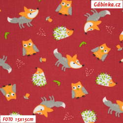 Plátno - Lištičky, sovy a ježci na červené, foto 15x15 cm