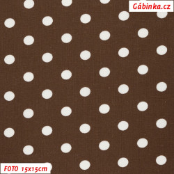 Plátno - Puntíky 9 mm bílé na čokoládově hnědé, šíře 145 cm, 10 cm