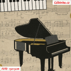 Režné plátno - Klavíry se zlatými notami a notovými zápisy na pozadí, šíře 140 cm, 10 cm