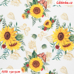 Waterproof Fabric Premium - Sunflowers with Butterflies on White, photo 15x15 cm