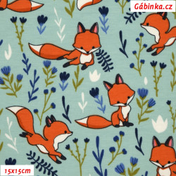 Elastic cotton knit Nooteboom - Foxes in the Meadow on Mint, photo 15x15 cm