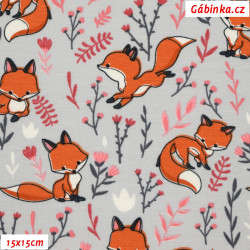Elastic cotton knit Nooteboom - Foxes in the Meadow on Light Gray, photo 15x15 cm