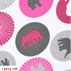 Zbytek kočárkoviny - Sloni v kolečkách růžoví a šedí na bílé, délka 30 cm, šíře 155 cm