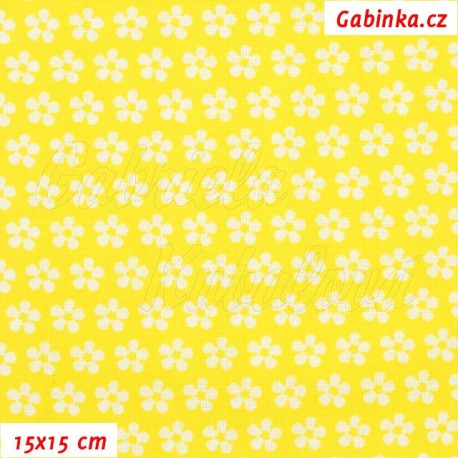 Plátno, Kolekce žlutá - Kytičky bílé na jasně žluté, 15x15cm