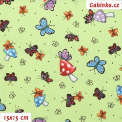 USA Cotton - Butterflies and Toadstools on Light Green, width 110 cm, 10 cm