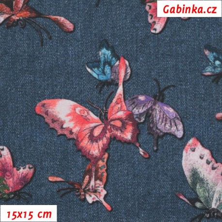 Kočárkovina Premium, Růžoví, fialoví a modří motýli na jeans, 15x15 cm