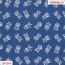 Plátno CŘ A - Ružičky bielej na modrej, šírka 150 cm, 10 cm, ATEST 1