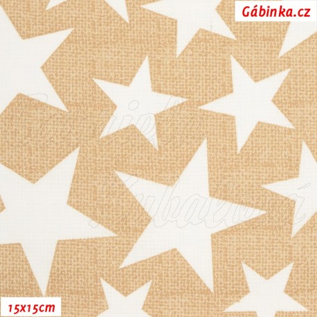 Plátno - Hvězdy mix 3 - 7 cm bílé na béžové, 15x15 cm