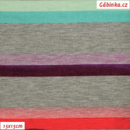 Viskóza s EL - Proužky barevné na šedé, 15x15 cm