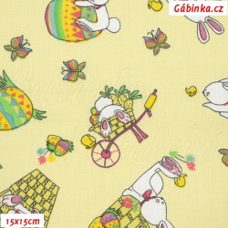 Cotton - Easter Bunnies with Egg on Light Yellow, width 160 cm, 10 cm