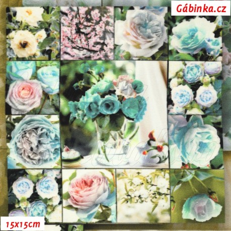 Hedvábí - Růžičky zelené ve čtvercích, 15x15 cm